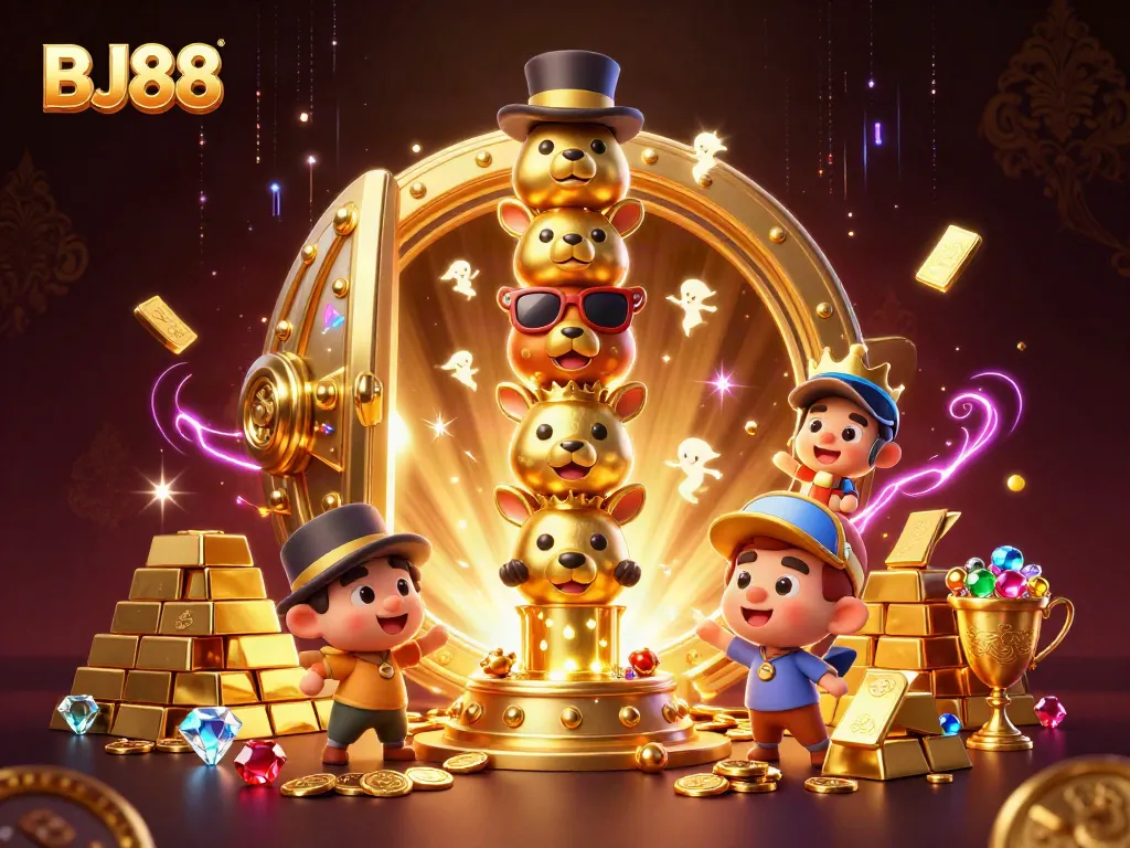 BJ88 offers thrilling casino adventures with vibrant 3D visuals of lively characters and golden treasures.