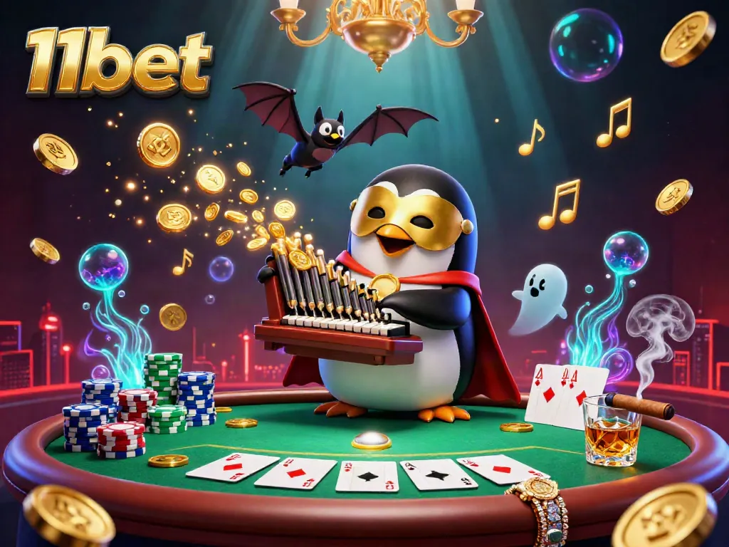 Experience thrilling gaming with 11bet featuring a penguin and vibrant casino elements.