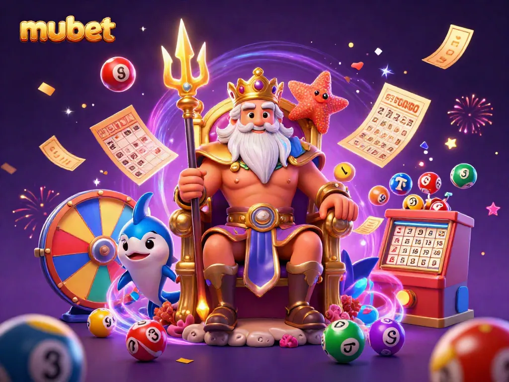 Engage in thrilling gambling excitement with mubet's vibrant casino scene featuring King Neptune and colorful elements.