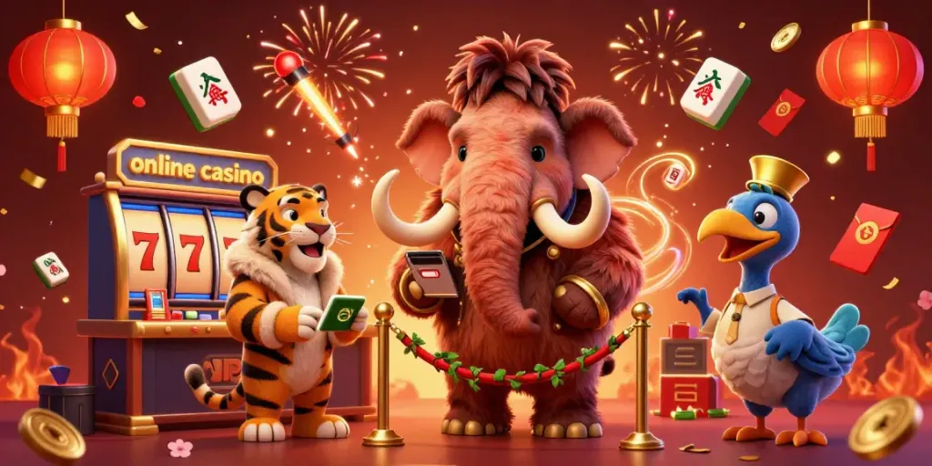 Join the action at an online casino illustrated with 3D cartoon characters and vibrant game elements.