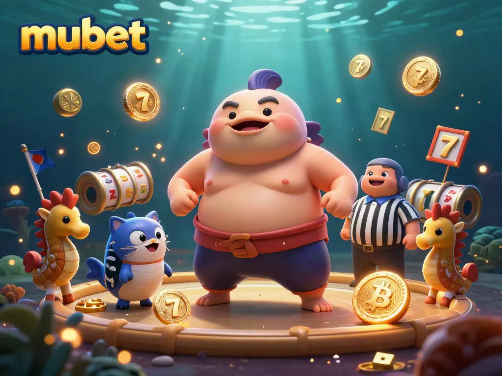 Play slots while cheering for Mubet in a vibrant underwater casino scene with cartoon characters.