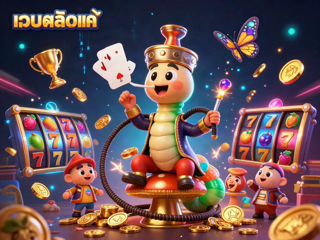 Experience exciting เว็บสล็อตแท้ action with a vibrant 3D illustration showcasing slot reels and jackpot symbols.