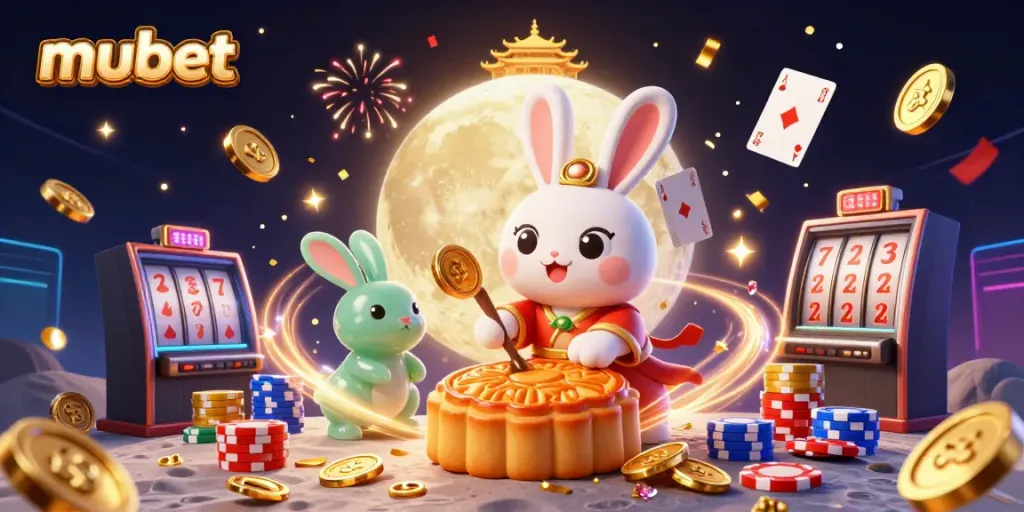 Spin and win with mubet as a moon rabbit reveals hidden poker chips in an enchanting casino scene!