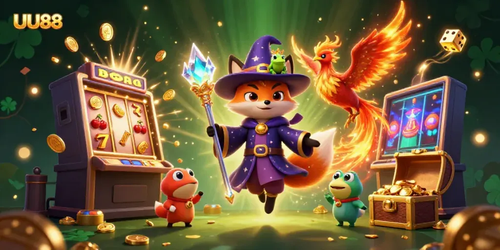Join in the excitement at UU88 with a vibrant 3D illustration of a mystical casino realm.