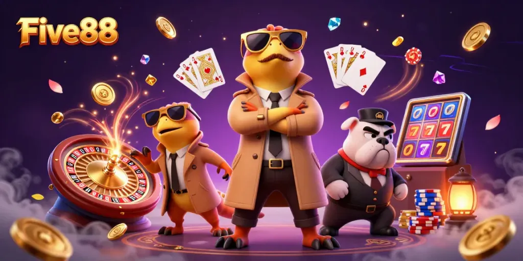 Experience thrilling Five88 online casino action with raptor characters and vibrant game elements.