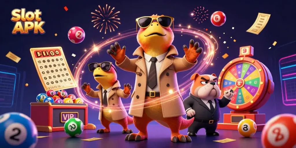 Experience the excitement of Slot APK with raptors in a trench coat at a VIP casino lounge scene.