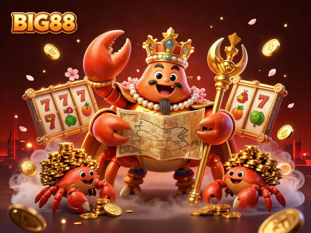 Big88 dazzles with a massive golden crab emperor surrounded by vibrant slot symbols, capturing the excitement of online gambling.