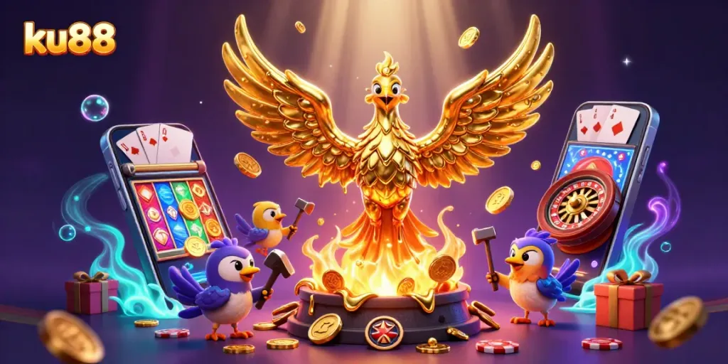 ku88 players experience golden wins in a vibrant 3D casino scene with energetic elements around