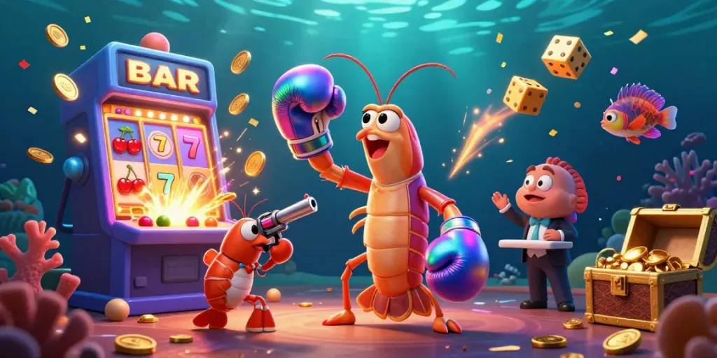 M88 themed casino illustration with a dynamic mantis shrimp and vivid game elements.
