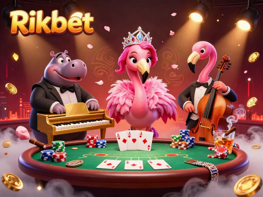 Experience thrilling gameplay and vibrant casino energy with Rikbet's 3D digital illustration of a lively poker scene.
