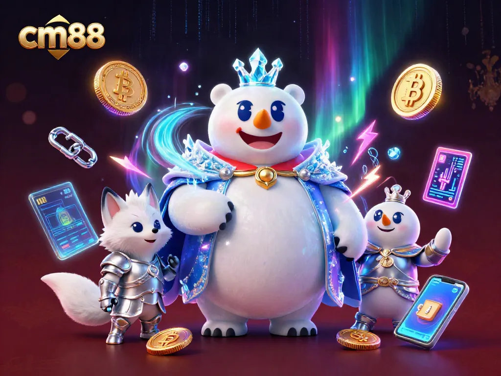 Experience thrilling gameplay at cm88 with our vibrant 3D illustration featuring unique characters and crypto elements.