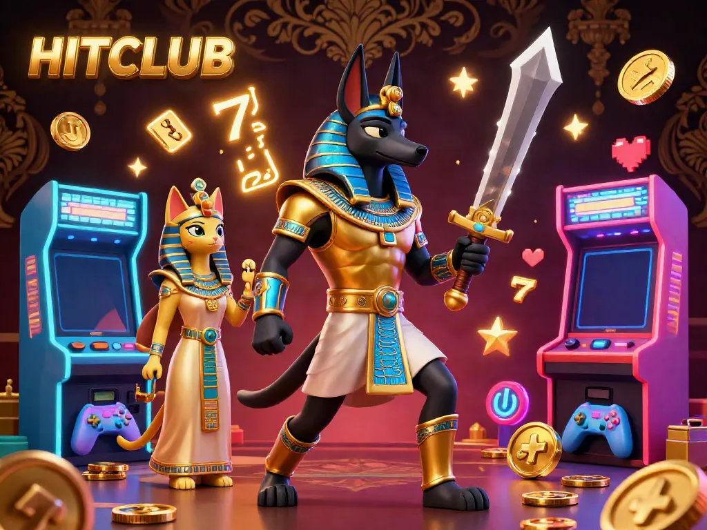 Engage in thrilling slot action with HITCLUB featuring Anubis and Bastet amidst vibrant casino elements.