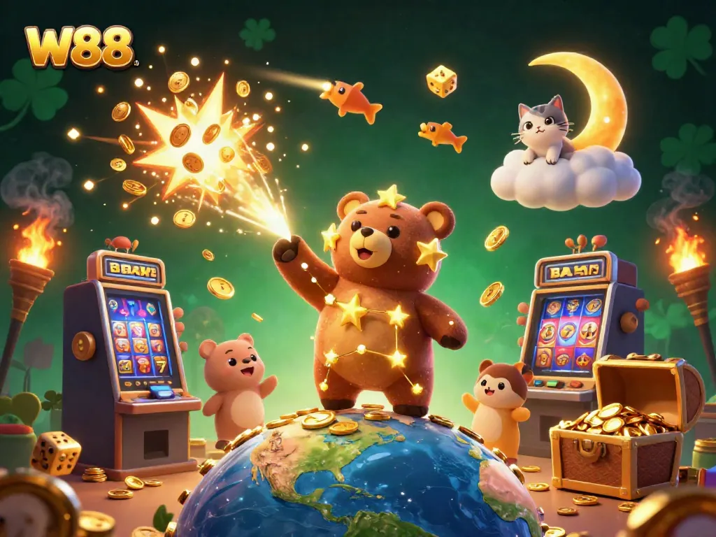 Experience the thrill of winning at W88 with a vibrant and magical casino scene filled with golden treasures and fun.