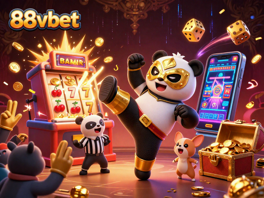 Experience the thrill of gaming with 88vbet in a vibrant 3D casino art scene featuring a panda wrestler.