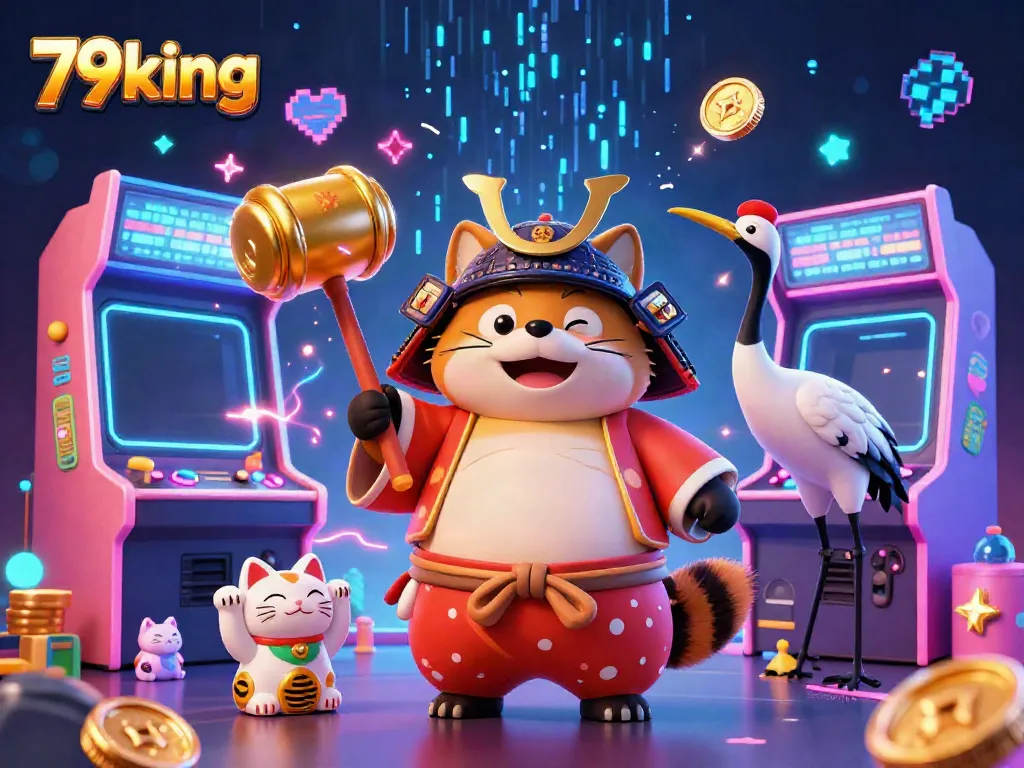Play the 79king casino adventure with cheerful tanuki holding a golden mallet surrounded by colorful arcade game elements.