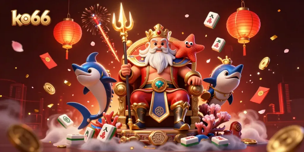 Engage with ko66's vibrant casino world featuring Neptune amidst rich game elements and festive decor.