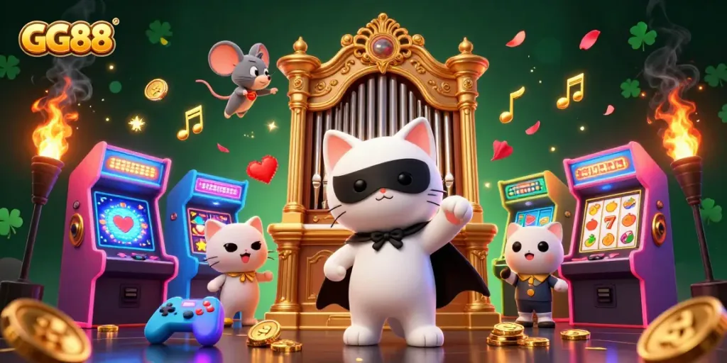 Play and win at GG88 with vibrant casino-themed illustrations showcasing entertaining characters.