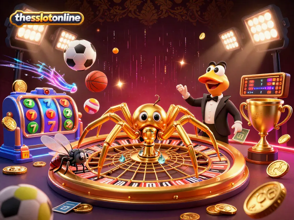 theslotonline features a dynamic roulette wheel scene with a spider, bets, and colorful slot symbols