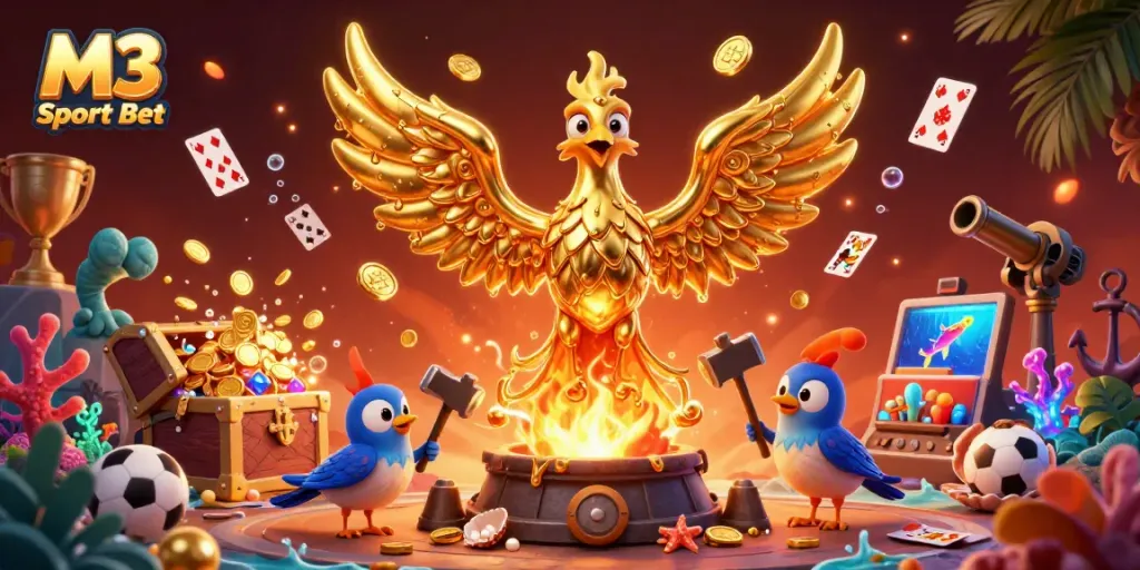 Immerse in the excitement of M3 Sport Bet, where a golden phoenix rises with riches and sports elements.