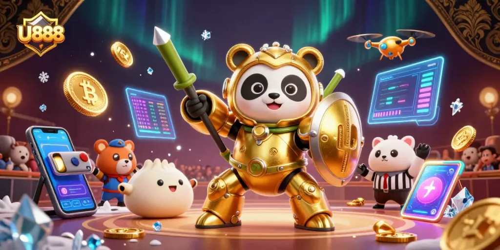 Experience thrilling casino action with U888, featuring golden panda mech battling surrounded by crypto symbols.