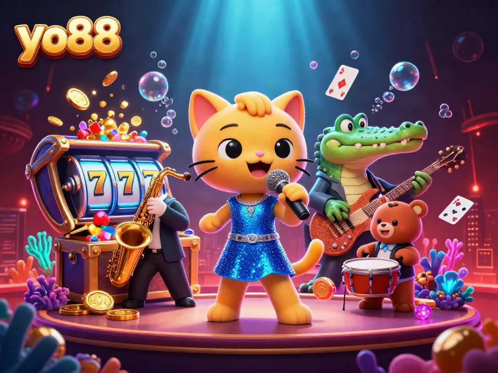 Engage in thrilling games with yo88 as a jazzy cat and friends jazz up the casino stage.