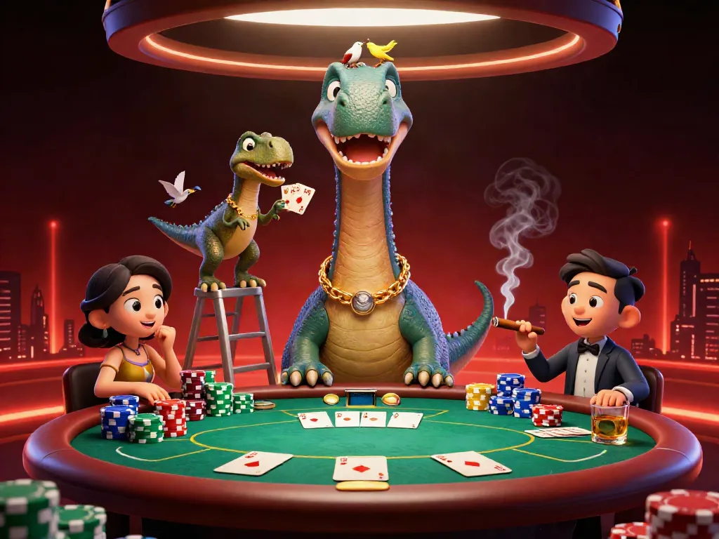 BL555 players enjoy slots with towering 3D dinosaur characters at a lively poker table.