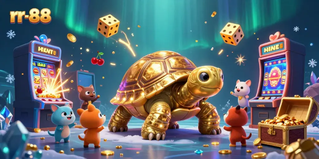 Experience the thrilling gaming atmosphere at rr-88 with dynamic characters and vibrant slot machines.