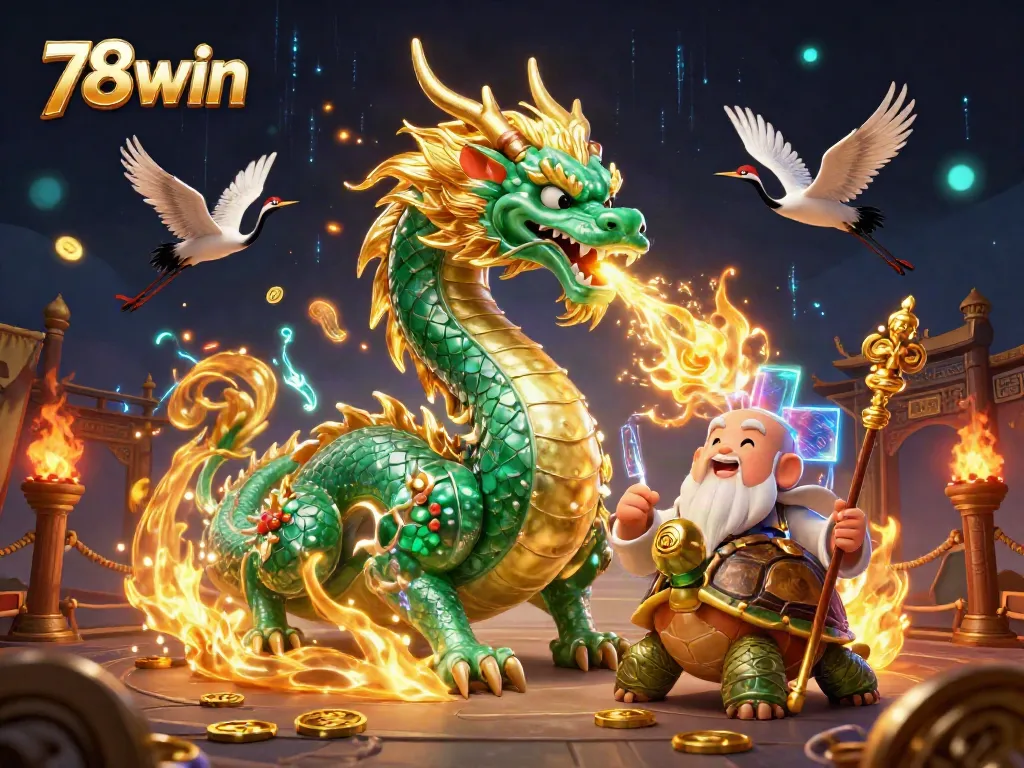 Experience the thrill of 78win with emerald dragon and lucky cranes amidst a vibrant casino scene.
