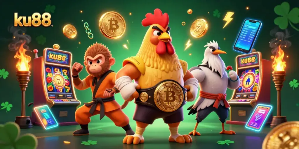 Engage with ku88's exciting gaming atmosphere, featuring vibrant slot machines and dynamic characters.
