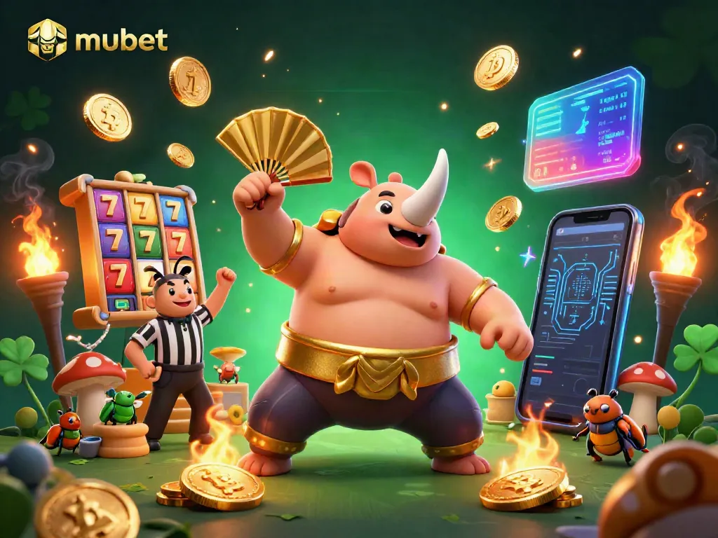 Experience the excitement of mubet with a dynamic illustration featuring a sumo champion beetle and vibrant slot reels.