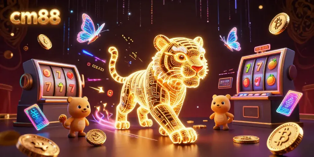 Experience cm88's vibrant gaming world with a neon-wireframe tiger amidst dynamic slot machines.